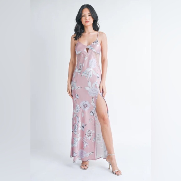 Floral Pink satin and lace Maxi Dress - Picture 1 of 5
